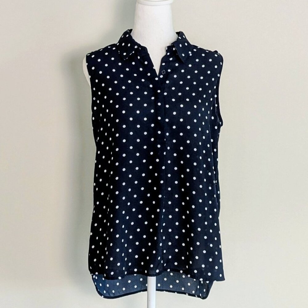 ANNE KLEIN Women's Sleeveless Hi Lo Hem Polka Dot Bouse Top Size S Navy White